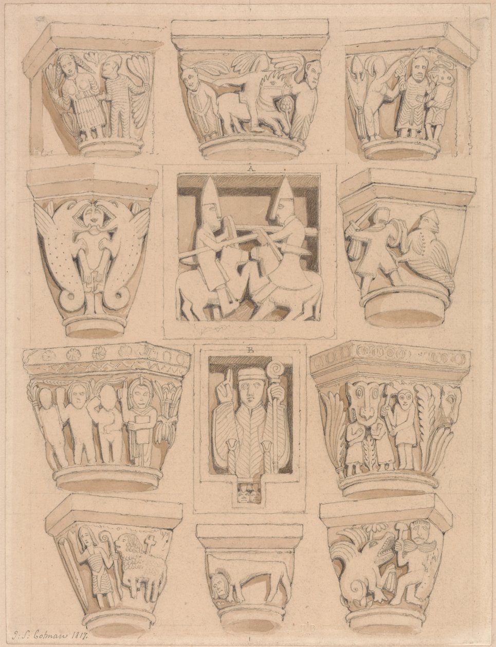 Capitals and A & B Bas-Reliefs in the Abbey Church of Saint Georges de Bocherville, near Rouen, Normandy by John Sell Cotman