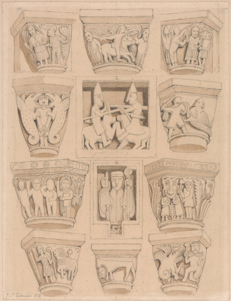 Capitals and A & B Bas-Reliefs in the Abbey Church of Saint Georges de Bocherville, near Rouen, Normandy by John Sell Cotman