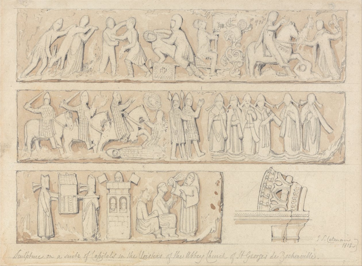 Sculpture on a Suite of Capitals in the Cloisters of the Abbey Church of Saint Georges de Bocherville, near Rouen, Normandy by John Sell Cotman