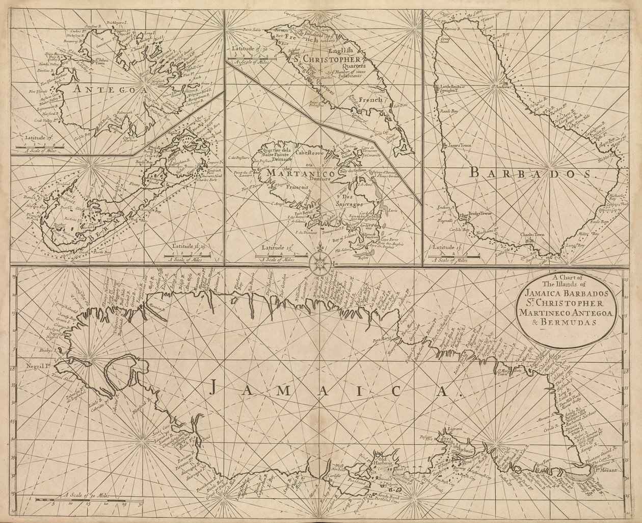 Chart of Jamaica, Barbados, St Christopher, Martinique, Antigua and Bermuda by John Seller