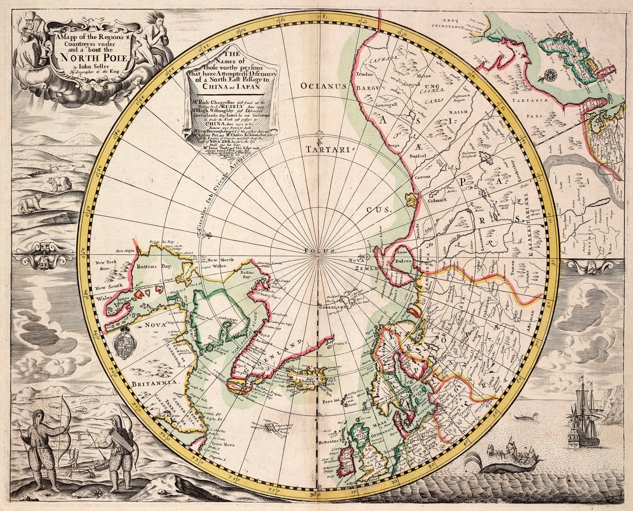 Polar Projection Map with Arctic Circle, c.1680 by John Seller