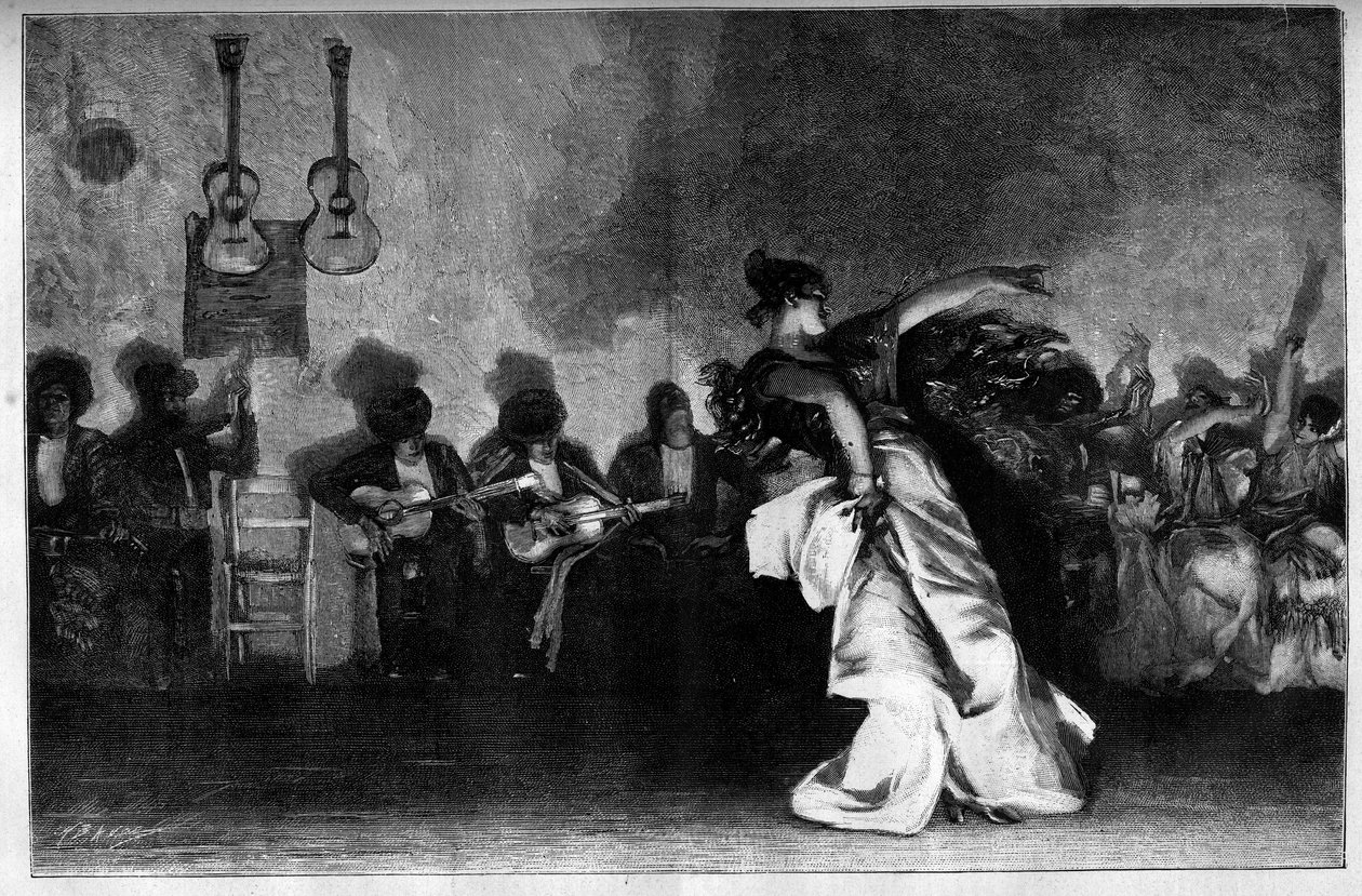 El Jaleo - Gypsy Dances. Guitarists and flamenco dancer. Engraving after the painting by John Singer Sargent (1856-1925) by John Singer (after) Sargent