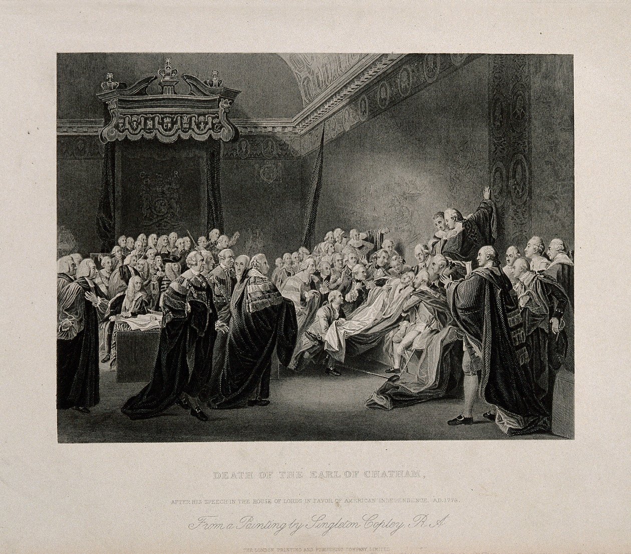 The Death of William Pitt, Lord Chatham, in the Upper Chamber of the Palace of Westminster, 1778. Engraving after J. Copley, 1779. by John Singleton Copley