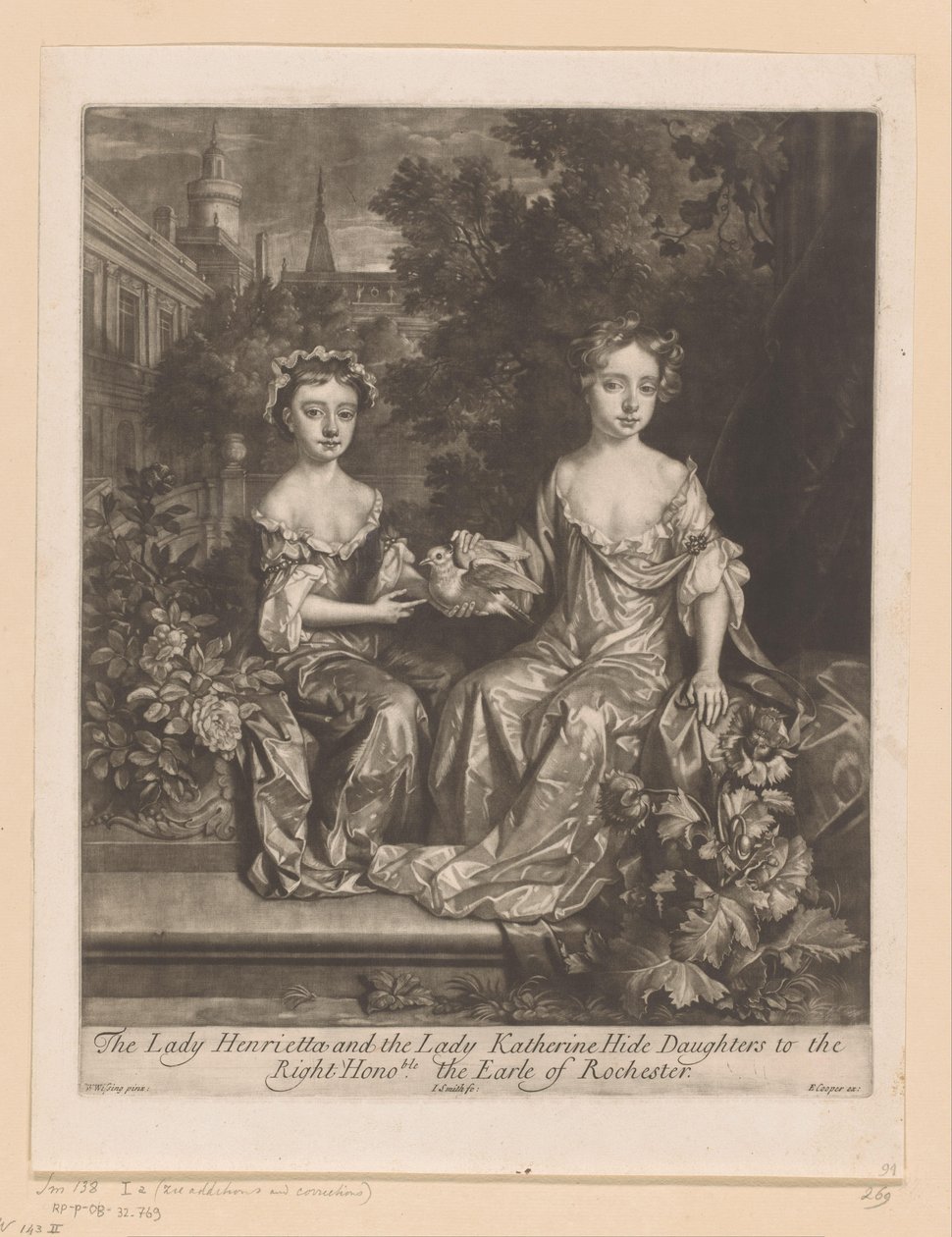 Portrait of Henrietta and Katherine Hyde with a Dove (title on object: The Lady Henrietta and the Lady Katherine Hyde, Daughters to the Right Honorable the Earl of Rochester) by John Smith