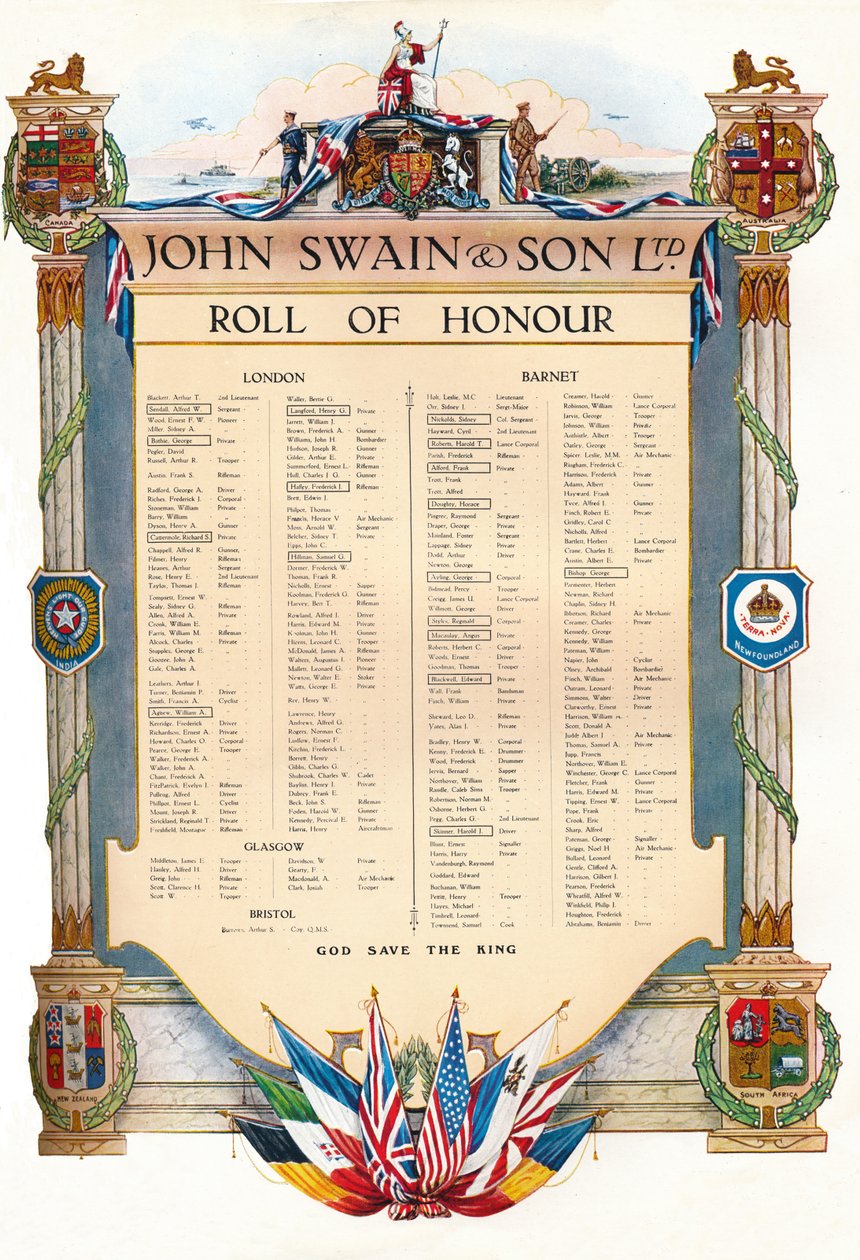 John Swain & Son Ltd. Roll of Honour, 1917 by John Swain and Son