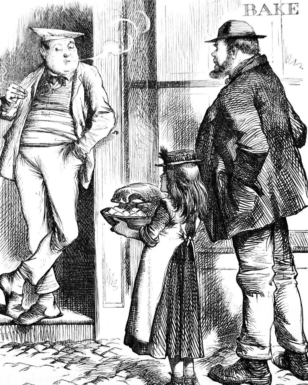 A father and daughter bringing food for roasting to the local baker to be cooked by John Tenniel