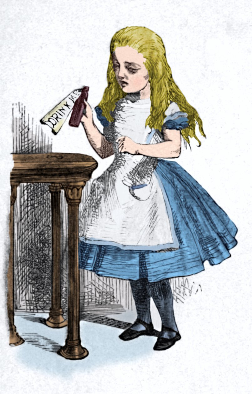 Alice looking at the bottle with the sign drink me, 1889 by John Tenniel