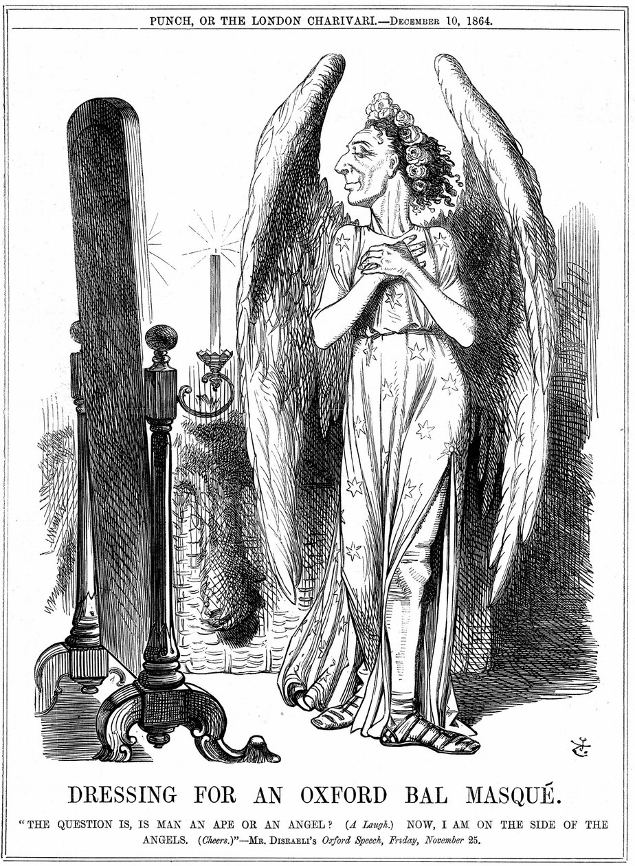Benjamin Disraeli (1804-81) British Conservative statesman. Now, I am on the side of the Angels. John Tenniel cartoon from Punch, London by John Tenniel