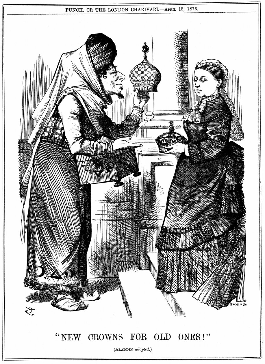 Benjamin Disraeli offering the crown of India to Queen Victoria. John Tenniel cartoon from Punch London 15 April 1876 by John Tenniel