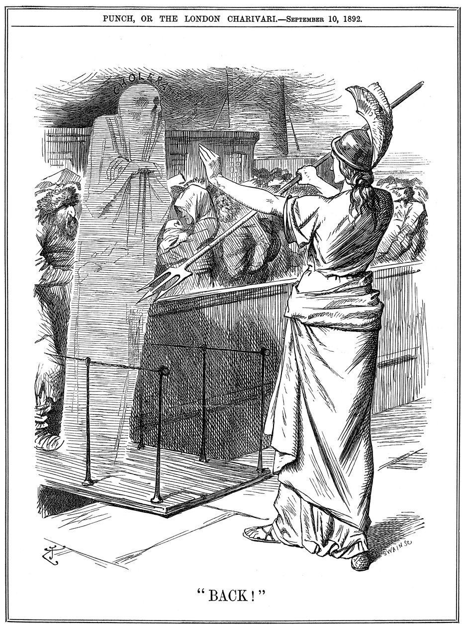 Britannia holding back Cholera at British ports by John Tenniel