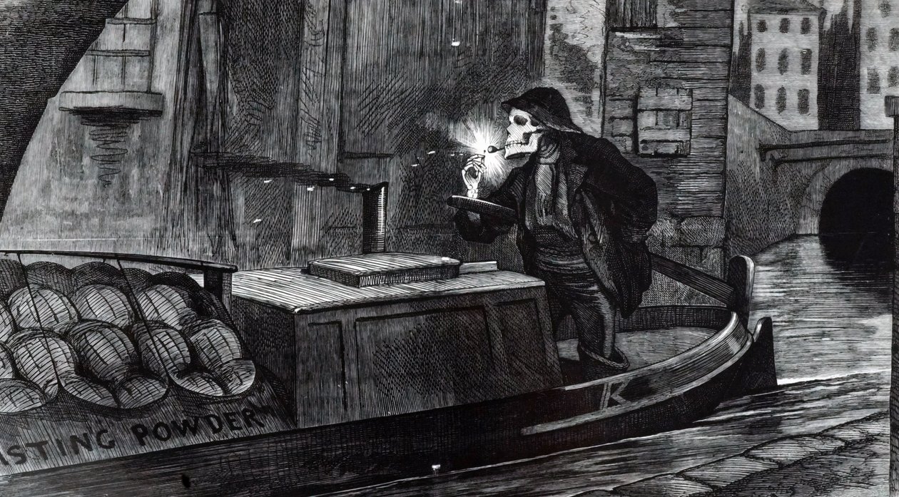 Campaigning cartoon suggesting Parliament should bring in safety regulations for the handling and transport of explosives after the destruction of a barge carrying gunpowder on the Regent