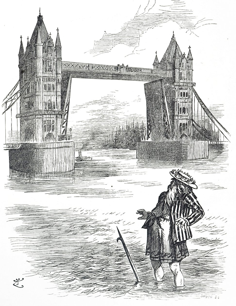 Cartoon depicting Father Thames admiring Tower Bridge, London by John Tenniel