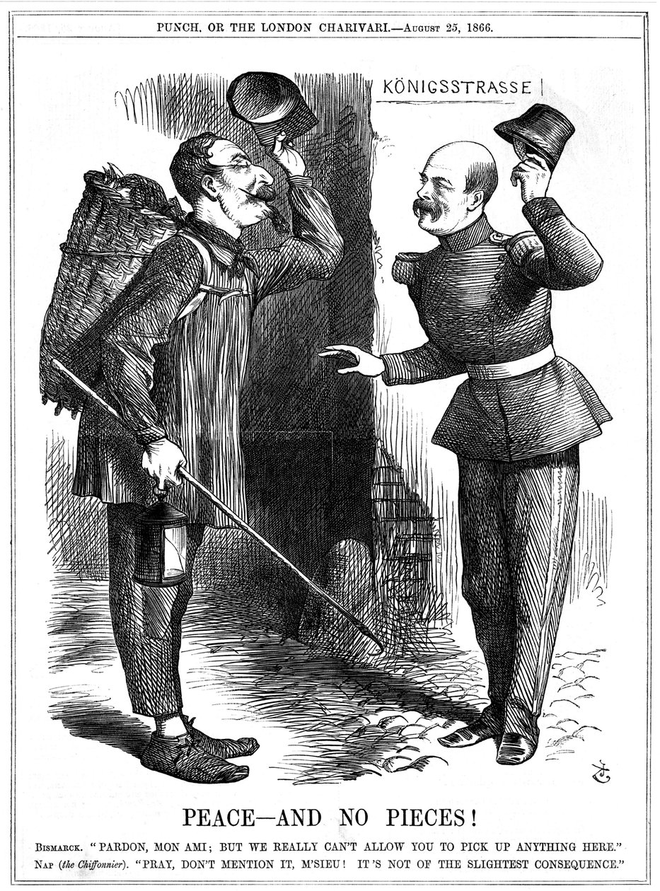 Napoleon III dressed as a rag-picker, warned off by Otto von Bismarck