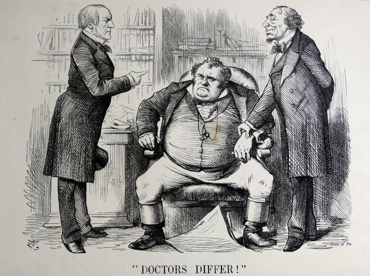 Political satire depicting William Ewart Gladstone, Benjamin Disraeli and John Bull by John Tenniel