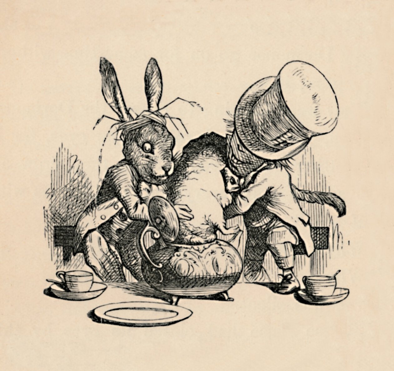 The Mad Hatter and March hare trying to put the Dormouse into a teapot by John Tenniel