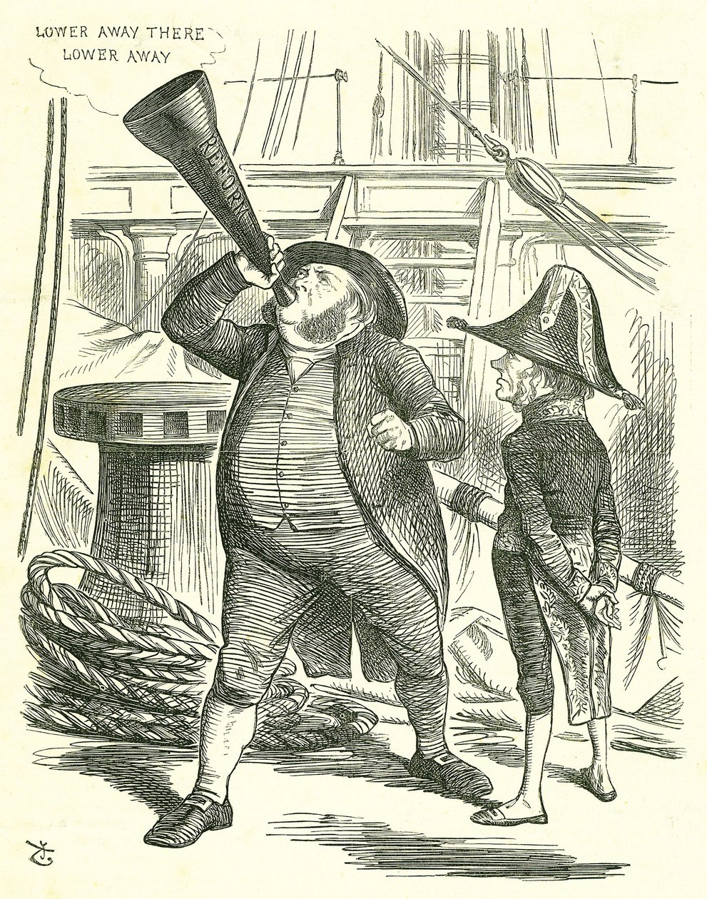 The Officious Passenger: Reform of Parliament - extension of the franchise. John Tenniel cartoon from Punch, London by John Tenniel
