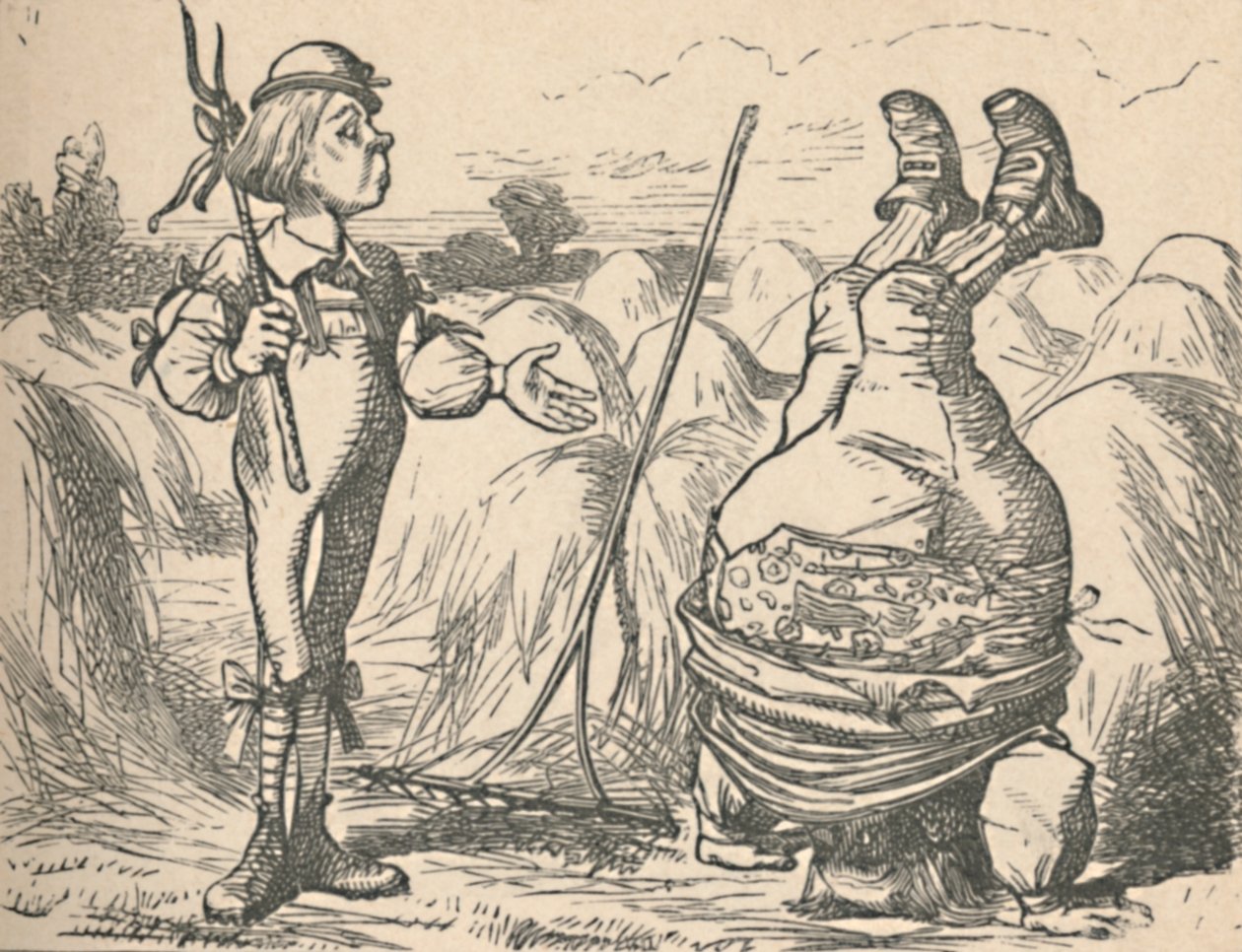 The youth talking to his father, who is doing a handstand by John Tenniel