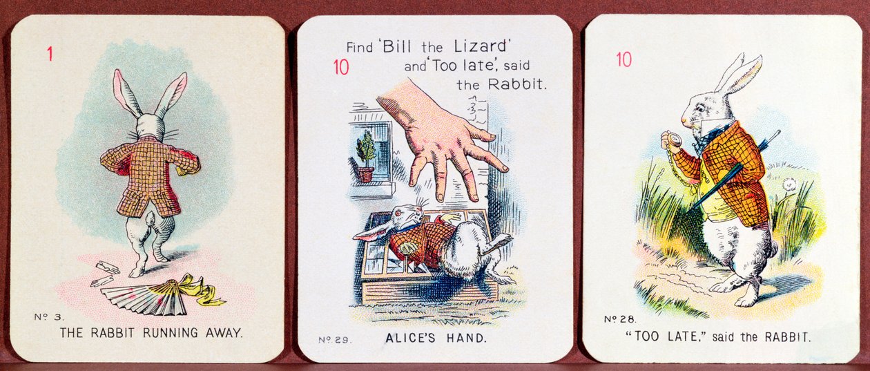 Three Happy Family cards depicting characters from Alice in Wonderland by Lewis Carroll by John Tenniel