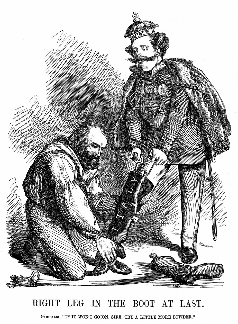 Unification of Italy: Giuseppe Garibaldi Helping Victor Emmanuel II Put on the Boot of Italy by John Tenniel