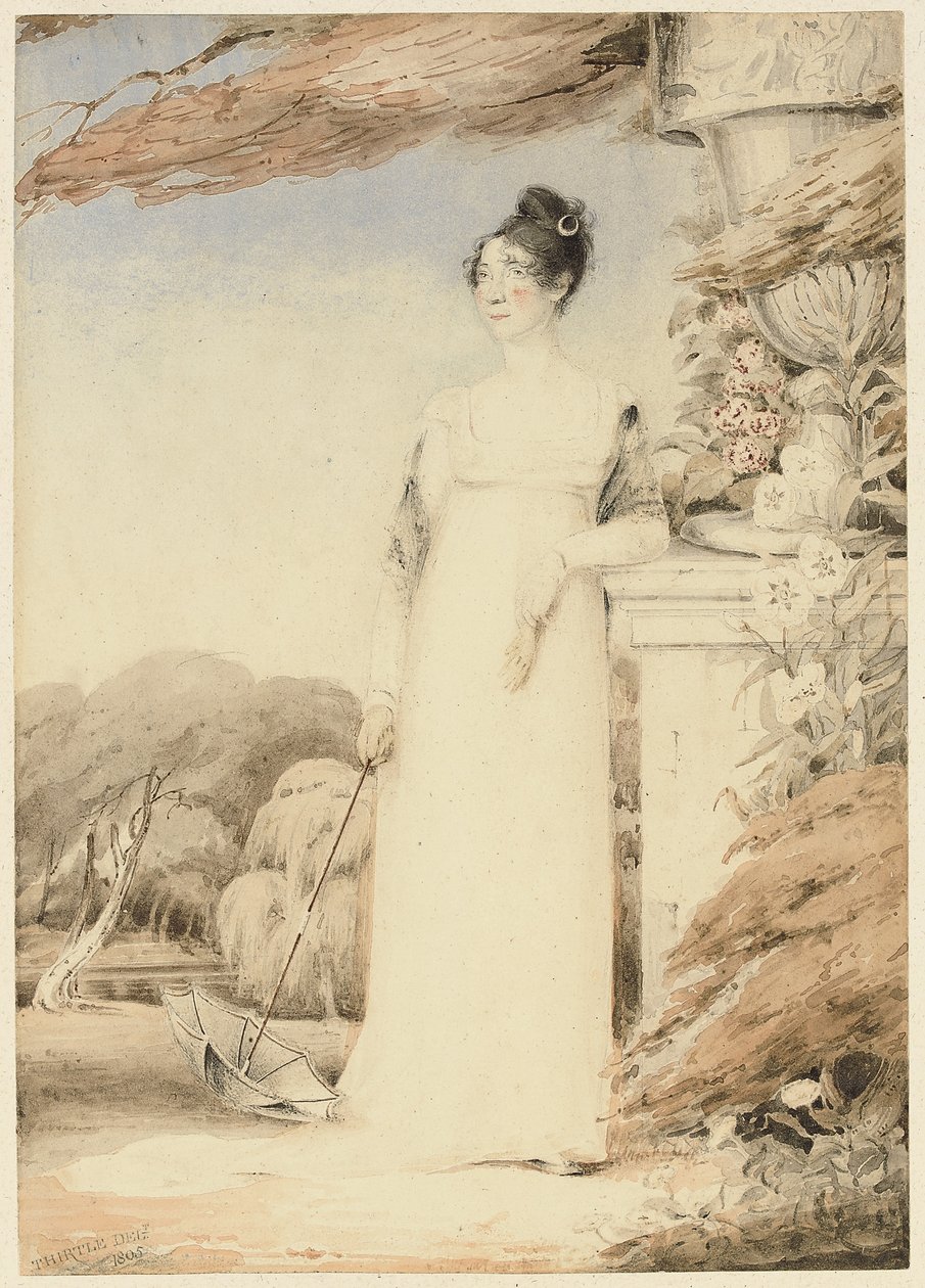 Portrait of Ann Miles, Later Mrs. John Sell Cotman, Full-Length, Her Right Hand Holding a Parasol, Her Left Arm Resting on a Plinth by John Thirtle