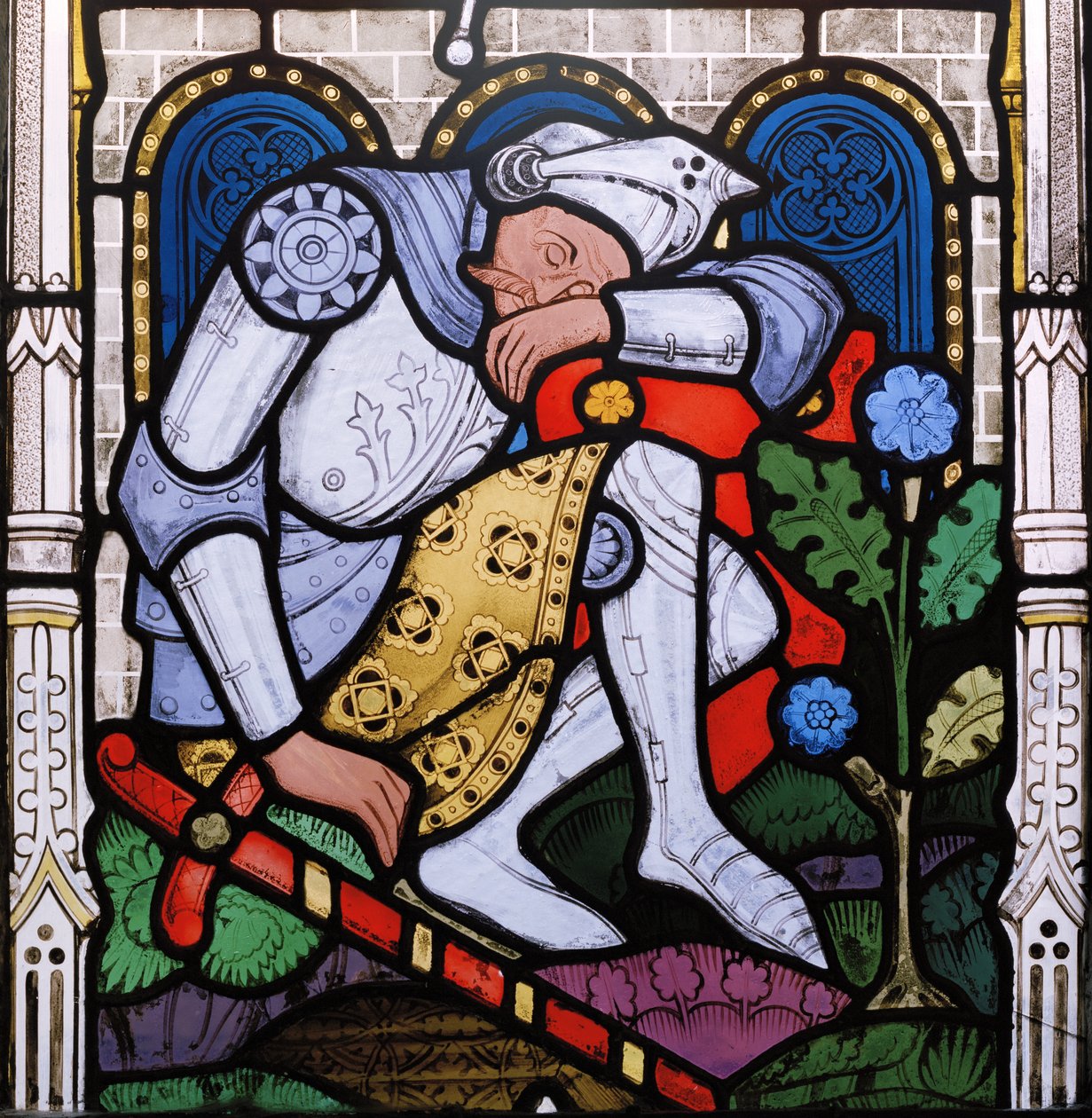 Sleeping Knight, detail from The Resurrection window, 1863 (stained glass) by John Thomas Grylls