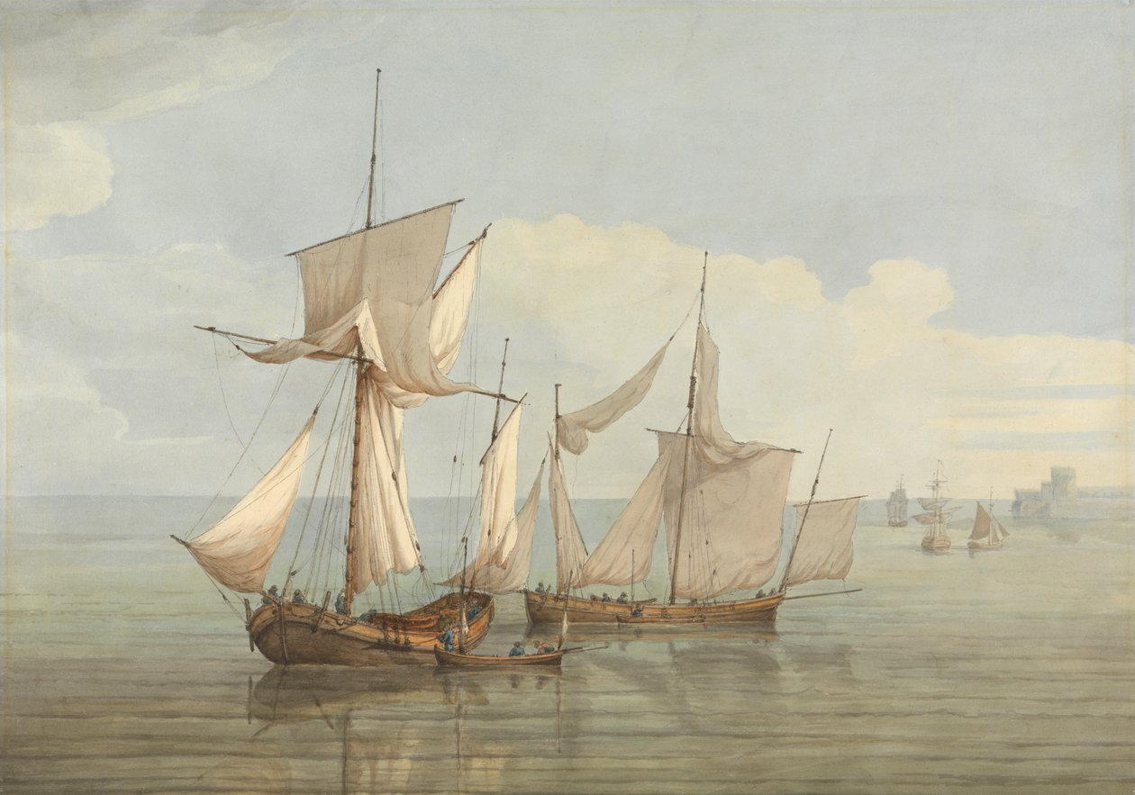 A Hoy and a Lugger with Other Shipping on a Calm Sea by John Thomas Serres