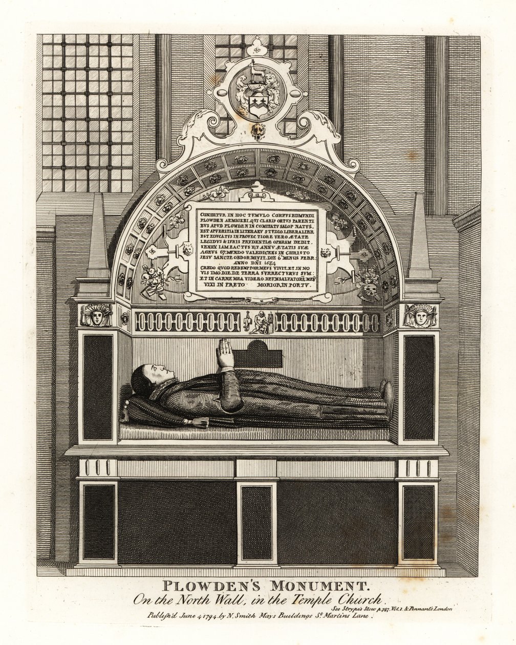 Edmund Plowden’s monument on the north wall in the Temple Church by John Thomas Smith