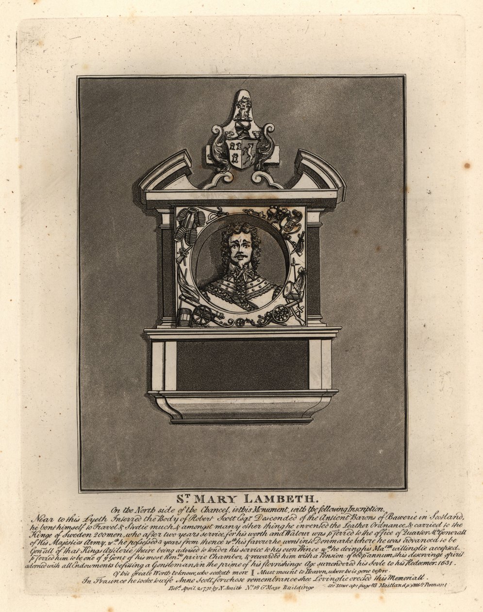 Grave effigy of Robert Scott, army officer in the Swedish and Danish services and military inventor, died 1631, St Mary Lambeth by John Thomas Smith