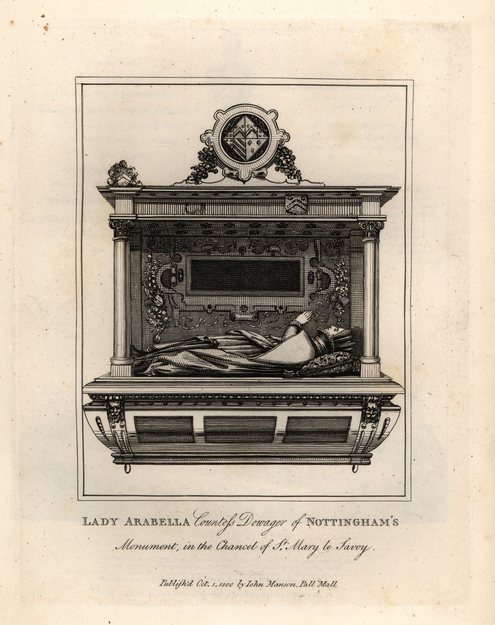 Grave effigy of Lady Arabella, Countess Dowager of Nottingham, in the chancel of St Mary le Savoy by John Thomas Smith