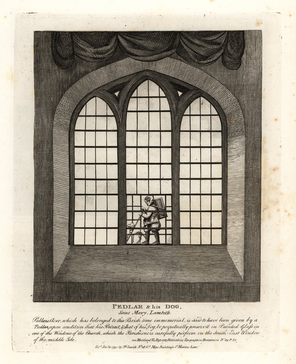 Pedlar and his dog in the stained glass window of the church at Saint Mary-at-Lambeth by John Thomas Smith