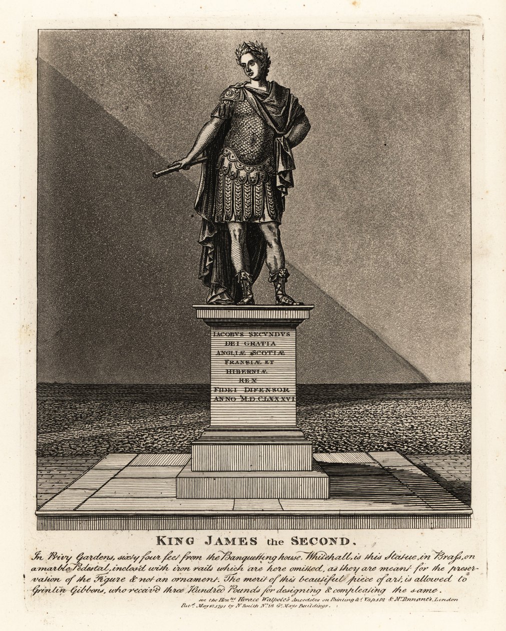 Statue of King James II of England in Costume as a Roman Emperor, Jacobus Secundus, Designed by Grinling Gibbons, in the Privy Gardens by John Thomas Smith