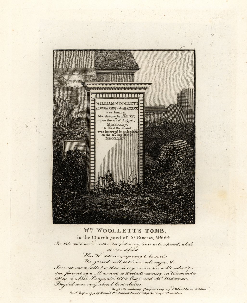 Tomb of royal engraver William Woollett, died 1735, in the churchyard of St Pancras, Middlesex by John Thomas Smith