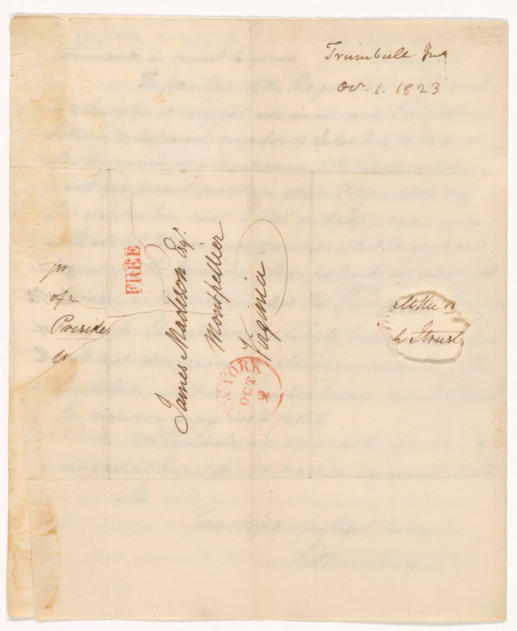 Letter of John Trumbull (1756-1843) to President Madison Dated 1st Oct. 1823 by John Trumbull