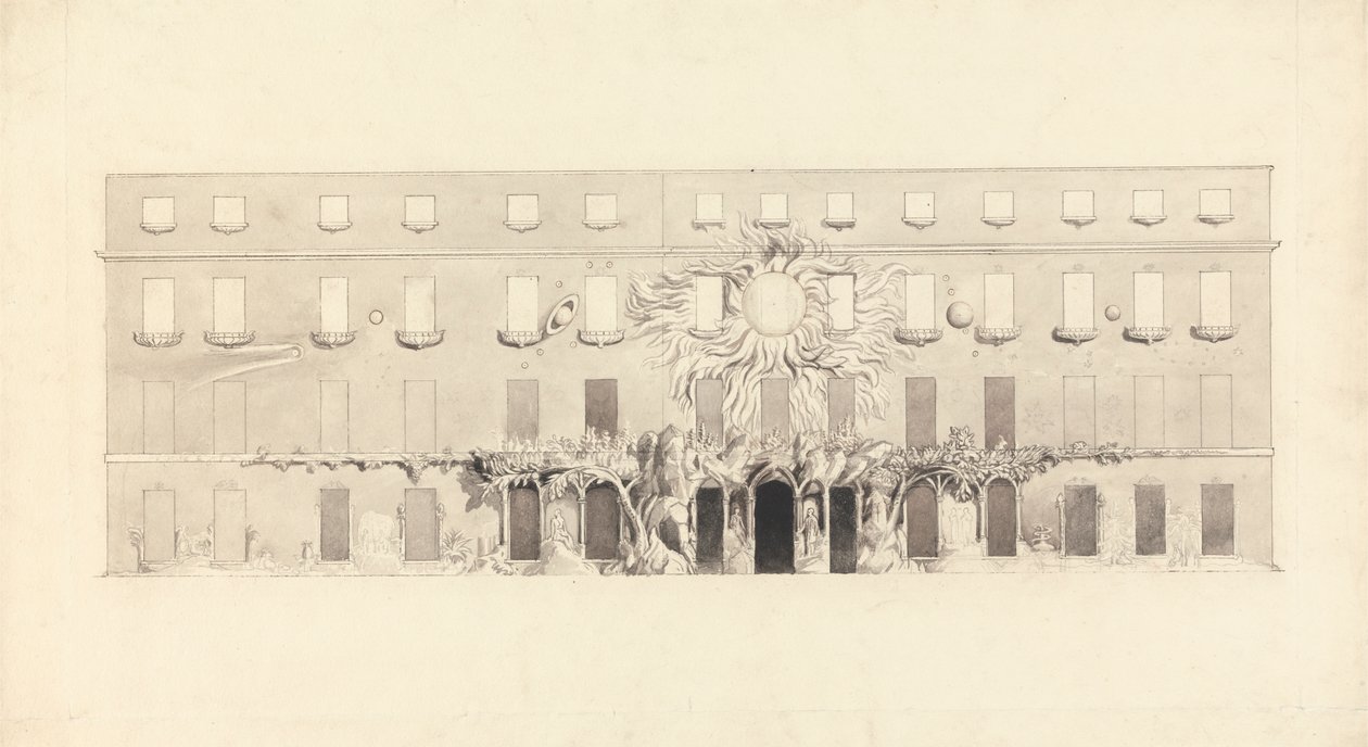 Architectural Drawing of a Building with Astrological Symbols by John Varley