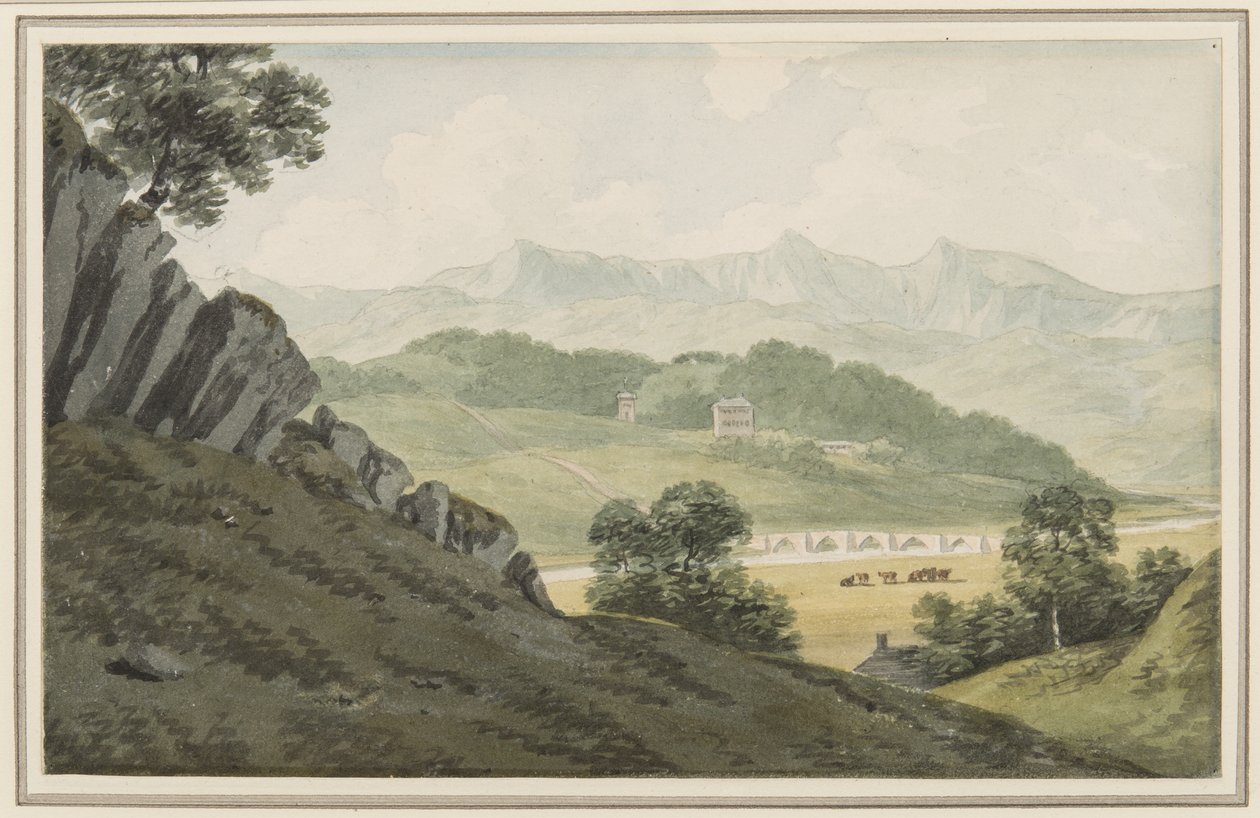 Llanelltyd Bridge over the Maw, on the road between Barmouth and Dolgellau, looking to Hengwrt and beyond to Cader Idris, Merionethshire, 16 July 1790 by John Warwick Smith