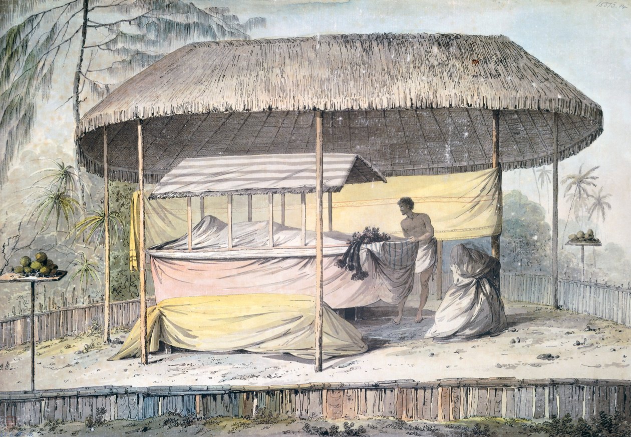 Funeral with deceased under canopy, Tahiti, Society Islands, watercolor by John Webber from description of Captain James Cook