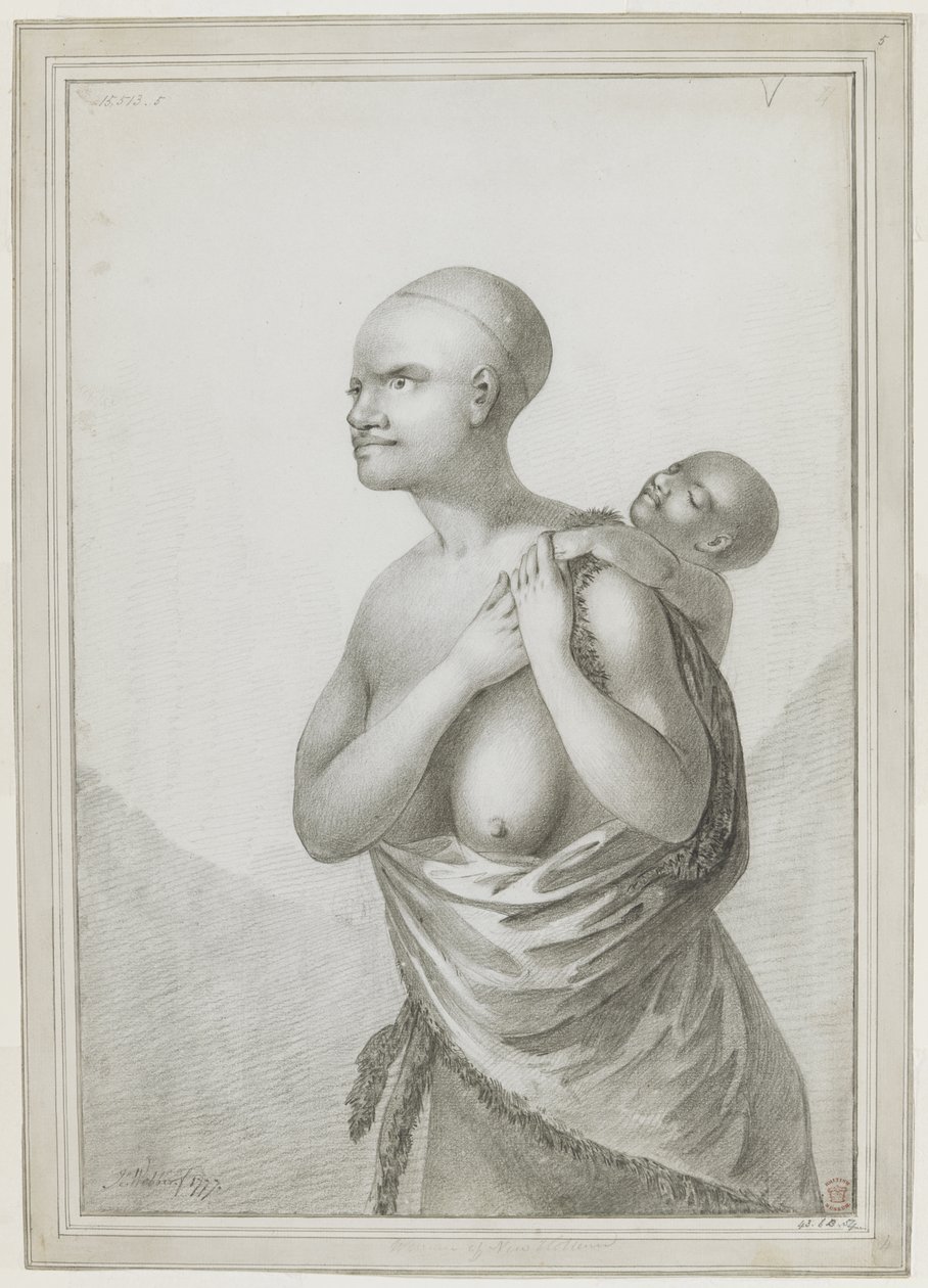A Tasmanian woman carrying a child on her back, with a skin slung from her left shoulder about her waist. January 1777 by John Webber