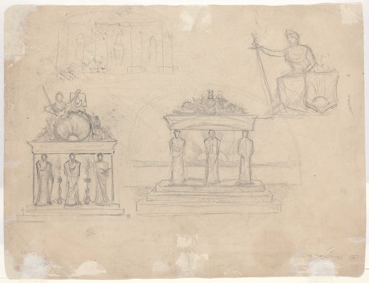 Studies of Classical Temple Facades and Seated Female Figure by John William Casilear