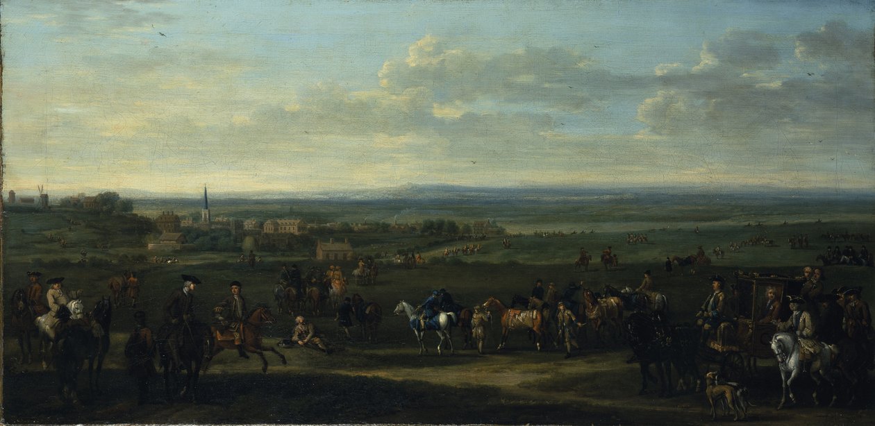 A view of Old Newmarket with figures and horses on the Heath by John Wootton