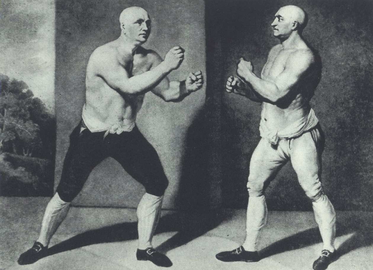 Early British barefist boxers, John Broughton and George Stevenson fight in 1741: Broughton invented boxing glove by John Young