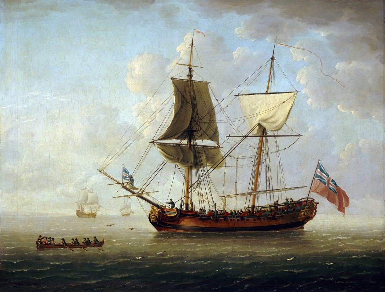 A British Brigantine, Carrying the Red Flag and the Union Jack, Offshore in a Calm Sea by John the Elder Cleveley