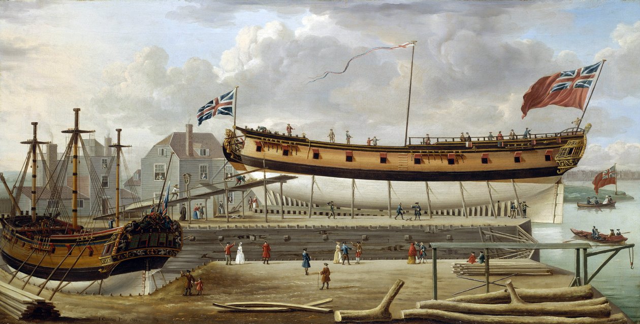 A sixth-rate ship (sixth rate), a British Royal Navy warship, in dry dock, the shipyard is probably that of Rotherhite, on the south bank of the Thames (England) by John the Elder Cleveley
