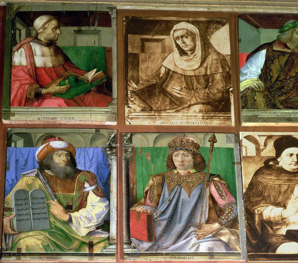 The Study of Federigo da Montefeltro, Duke of Urbino, clockwise from TL: Cicero, Roman orator; Seneca, Roman Stoic philosopher; Homer, Greek epic poet; St. by Joos van Gent