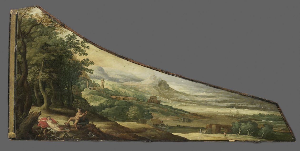 Painting on a harpsichord lid with Bacchus and Cybele, Painting on a harpsichord lid with the death of Euridice by Joos de Momper (II) (manner of)