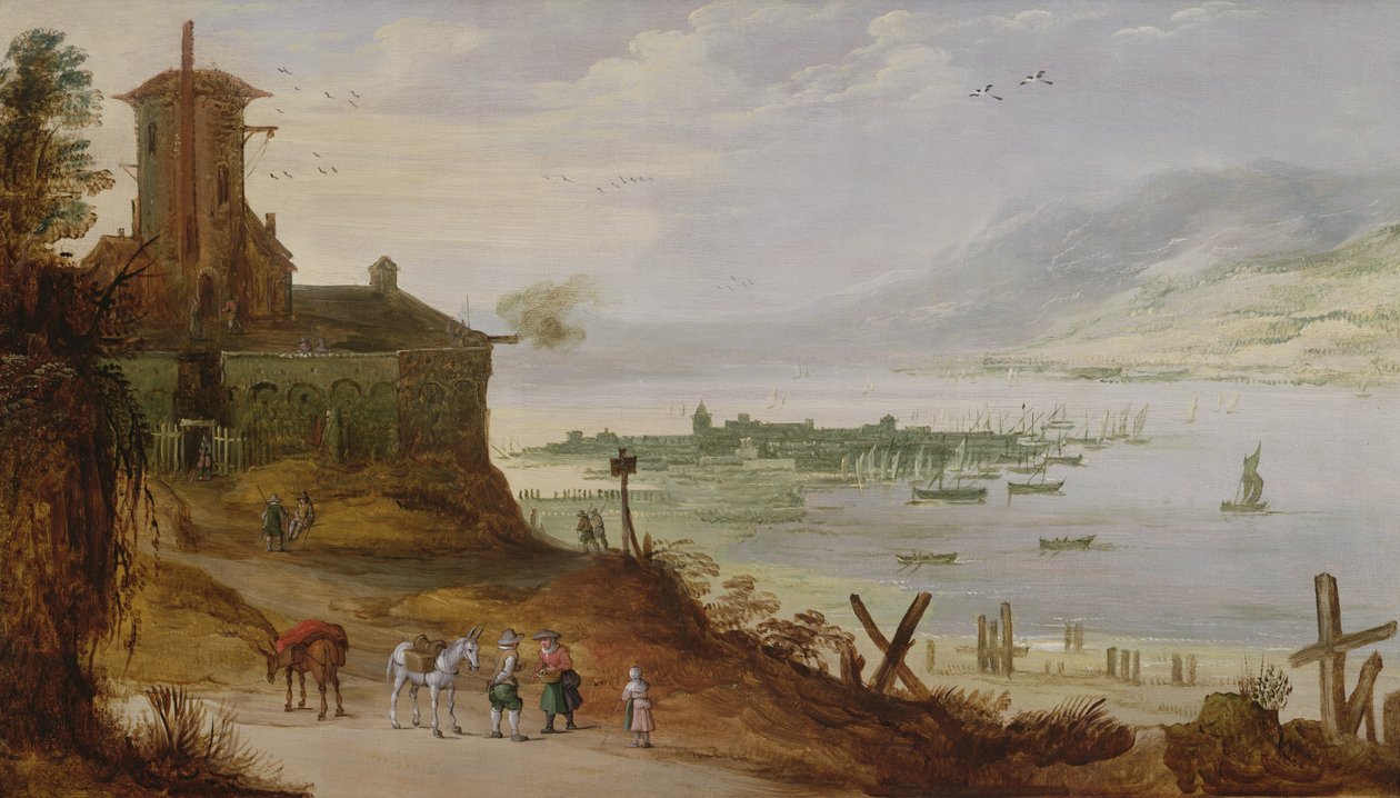 Hillside Town Overlooking a Harbour by Joos or Josse de Momper