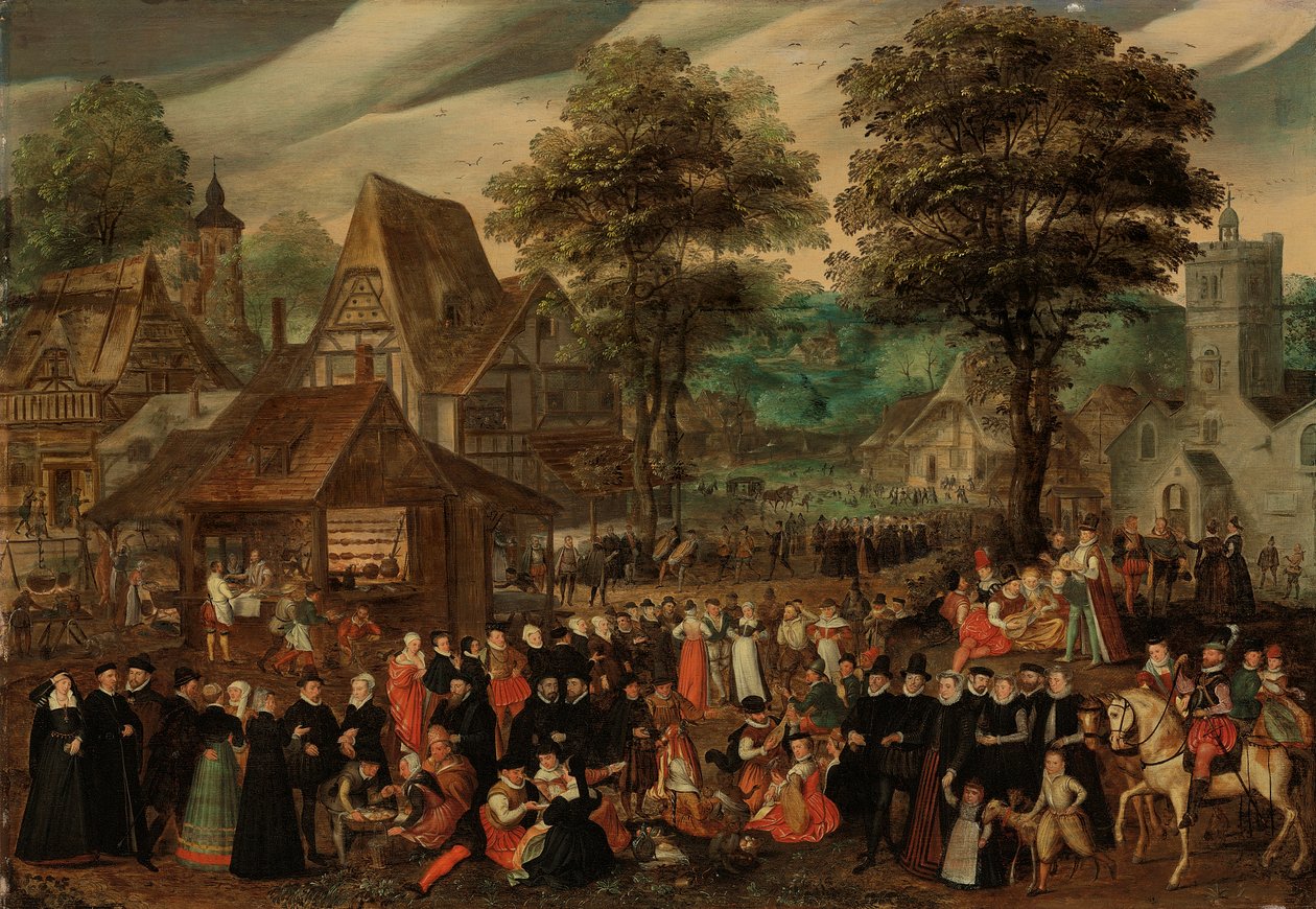 A village festival with elegantly dressed figures in procession, a river and tower beyond by Joris Hoefnagel
