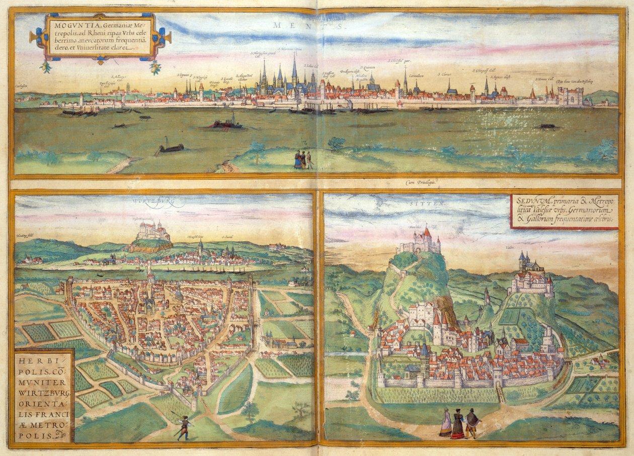 Metz, Wurtzburg, and Sittensen, from Civitates Orbis Terrarum by Georg Braun and Frans Hogenburg, c.1572 by Joris after Hoefnagel