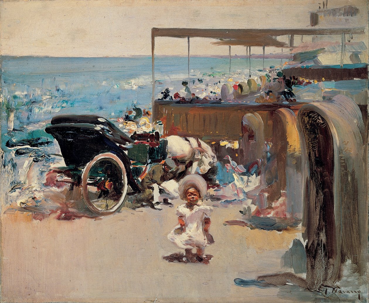 Horse-drawn Carriage and Child on the Beach by José Navarro Llorens