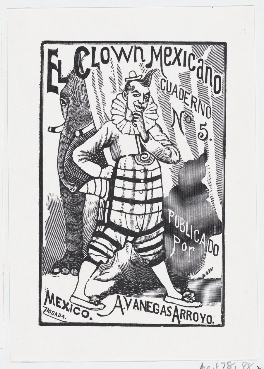 A clown standing with one hand on his hip and an elephant peering out from behind by José Guadalupe Posada
