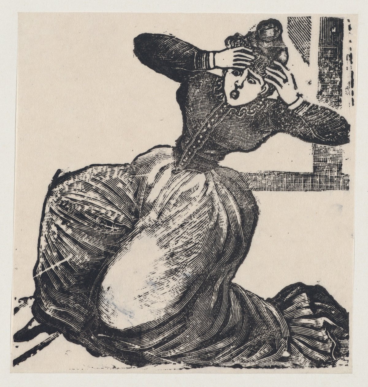 A gasping woman on the ground with her hands raised to her head, from a broadside entitled... by José Guadalupe Posada